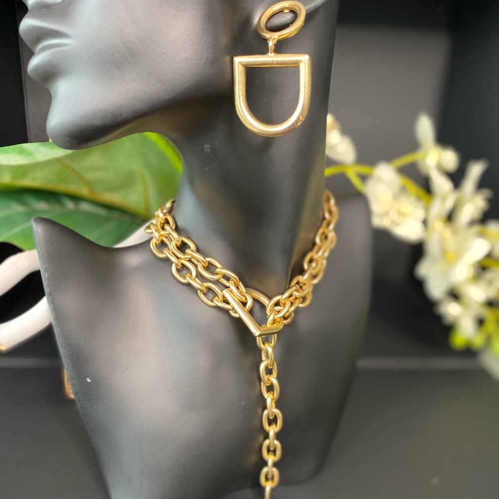 Hand Crafted 22K gold plated over brass chunky D necklace/earrings NEW